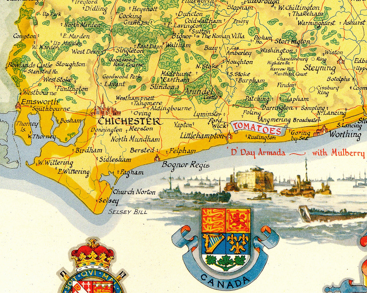 Pictorial SUSSEX Map 1945 Ernest Clegg Chichester Brighton Hastings