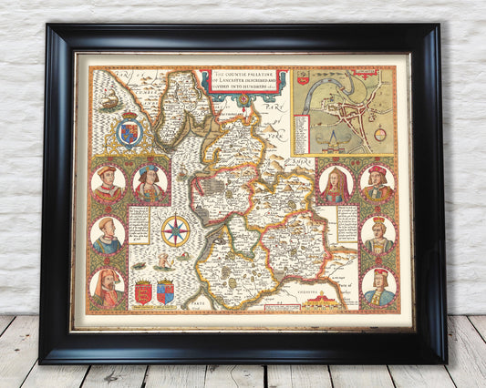 Old LANCASHIRE map 1610 by John Speed - Manchester Liverpool Lancaster