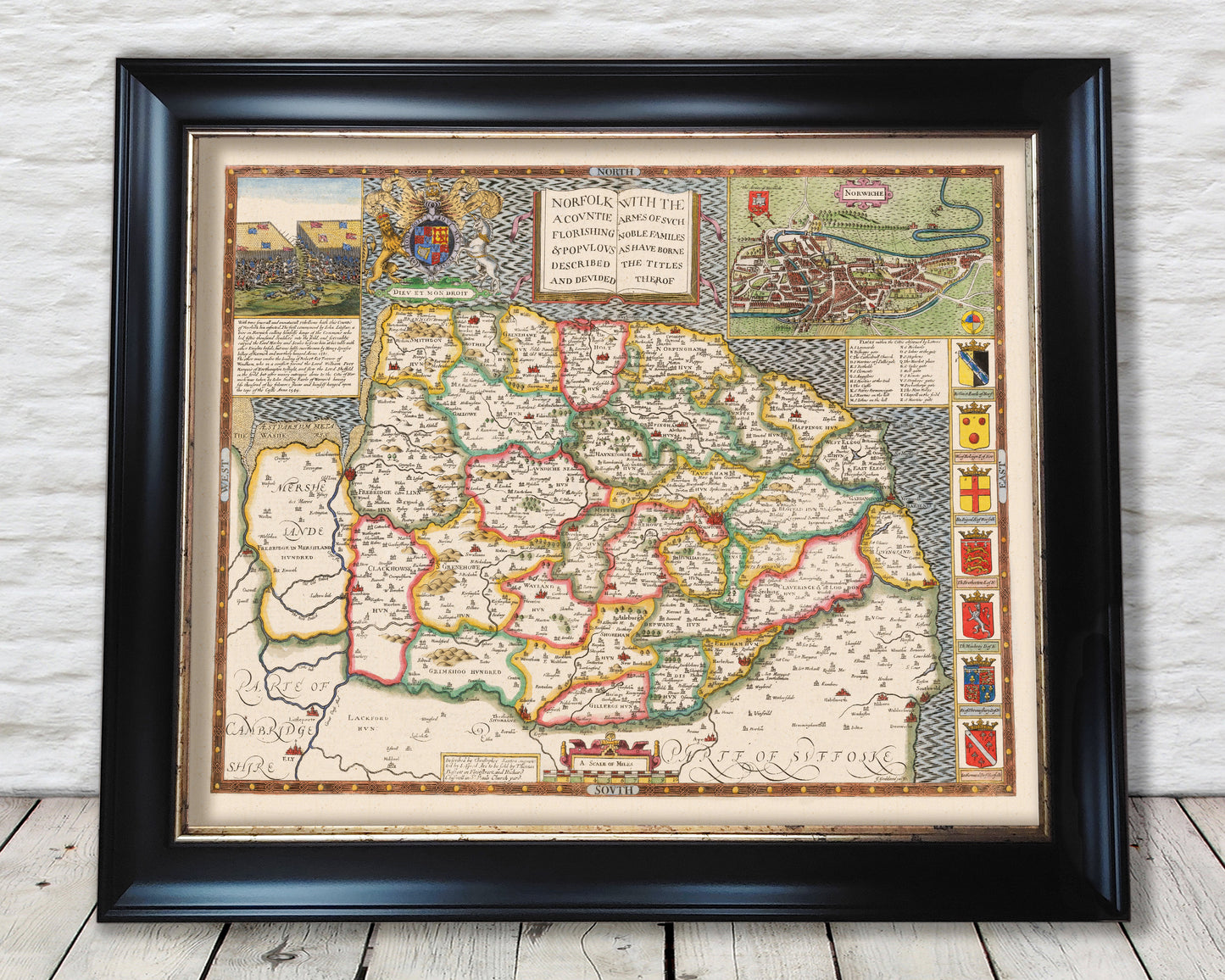 Old NORFOLK map John Speed 1611 Norwich Great Yarmouth Fakenham Diss