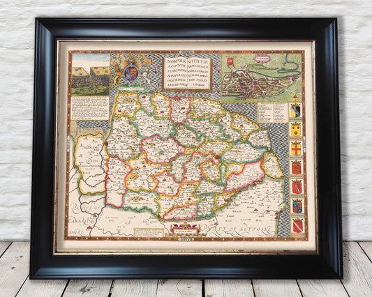 Old NORFOLK map John Speed 1611 Norwich Great Yarmouth Fakenham Diss