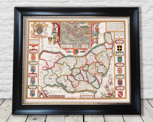 Vintage SUFFOLKE map John Speed 1610 Ipswich Lowestoft Felixstowe