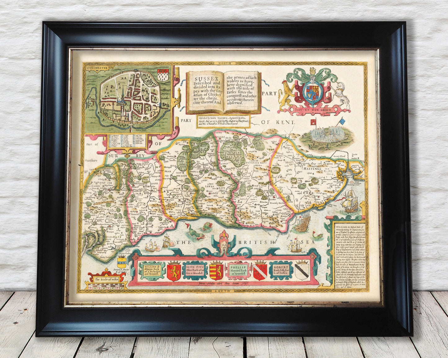 Old SUSSEX map John Speed 1611 Brighton Worthing Eastbourne Crawley