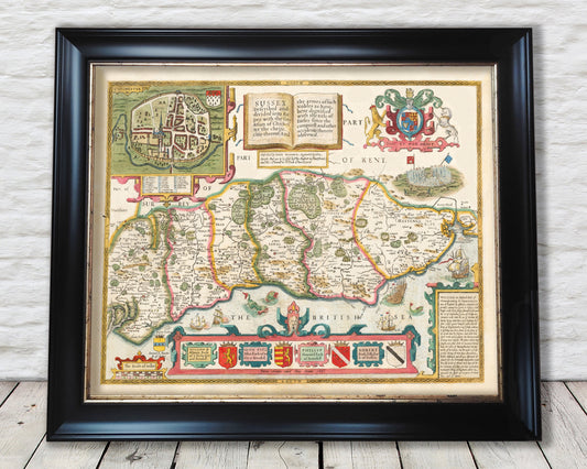 Old SUSSEX map John Speed 1611 Brighton Worthing Eastbourne Crawley