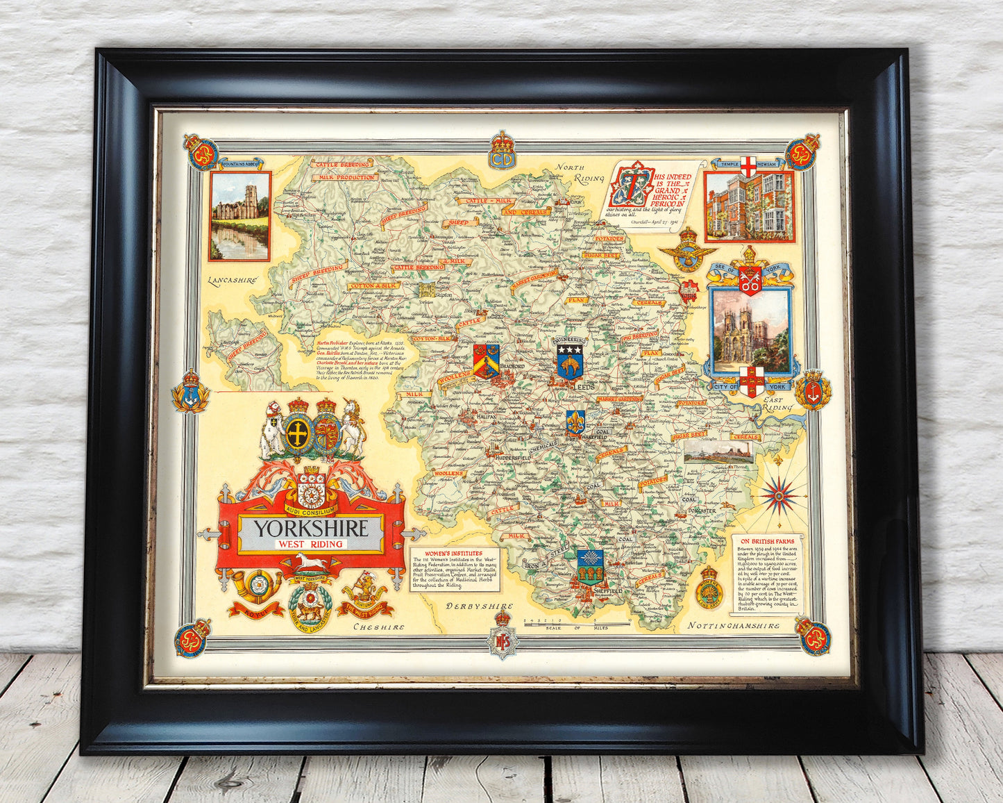 Vintage YORKSHIRE Map, West Riding 1946, Ernest Clegg, pictorial map