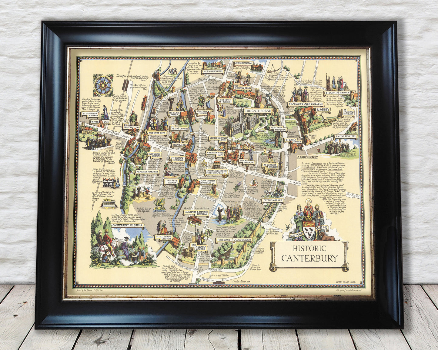 Historic CANTERBURY Map, 1952 by Estra Clark, pictorial map