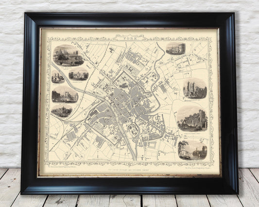 YORK Map 1851 John Tallis - York Minster Cliffords Tower River Ouse