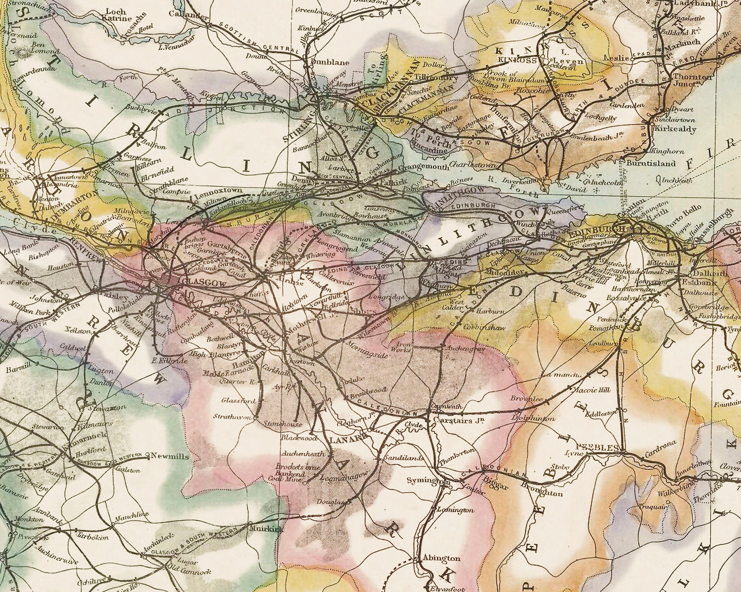 Old SCOTTISH RAILWAYS and Stations Map G W Bacon - Edinburgh Glasgow