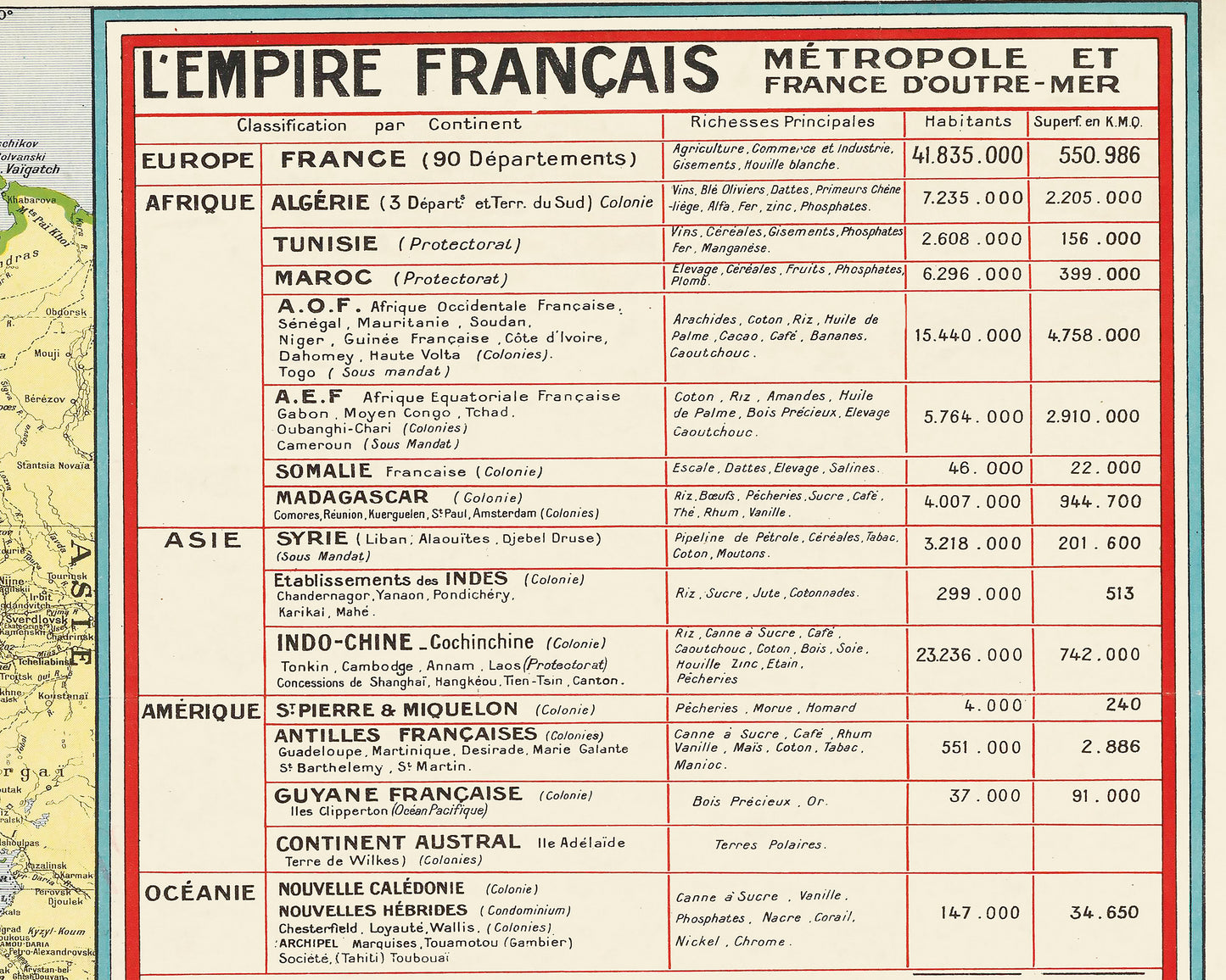 Old FRENCH Empire map 1938 - French Guiana, French Polynesia, Algeria