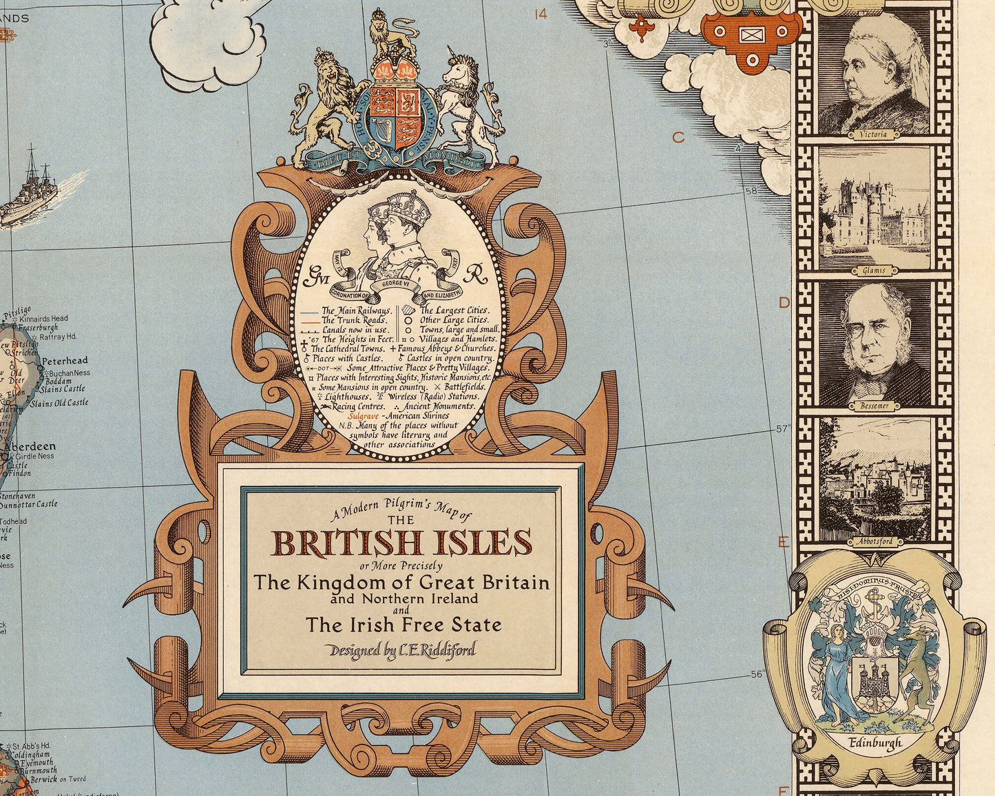 STUNNING Modern Pilgrim's Map of the British Isles - CE Riddiford 1937 National Geographic