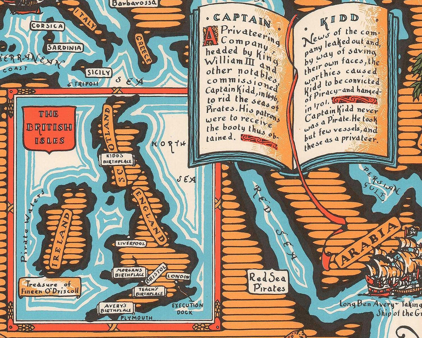 Map of famous PIRATES 1938 Darby Harbold - Blackbeard Morgan Lafitte