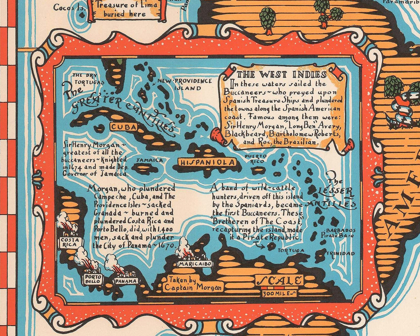 Map of famous PIRATES 1938 Darby Harbold - Blackbeard Morgan Lafitte