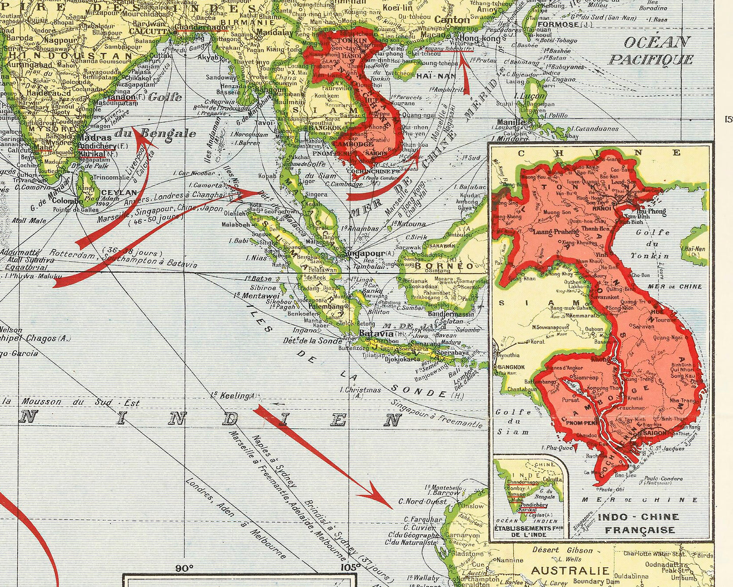 Old FRENCH Empire map 1938 - French Guiana, French Polynesia, Algeria