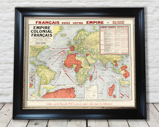 Old FRENCH Empire map 1938 - French Guiana, French Polynesia, Algeria