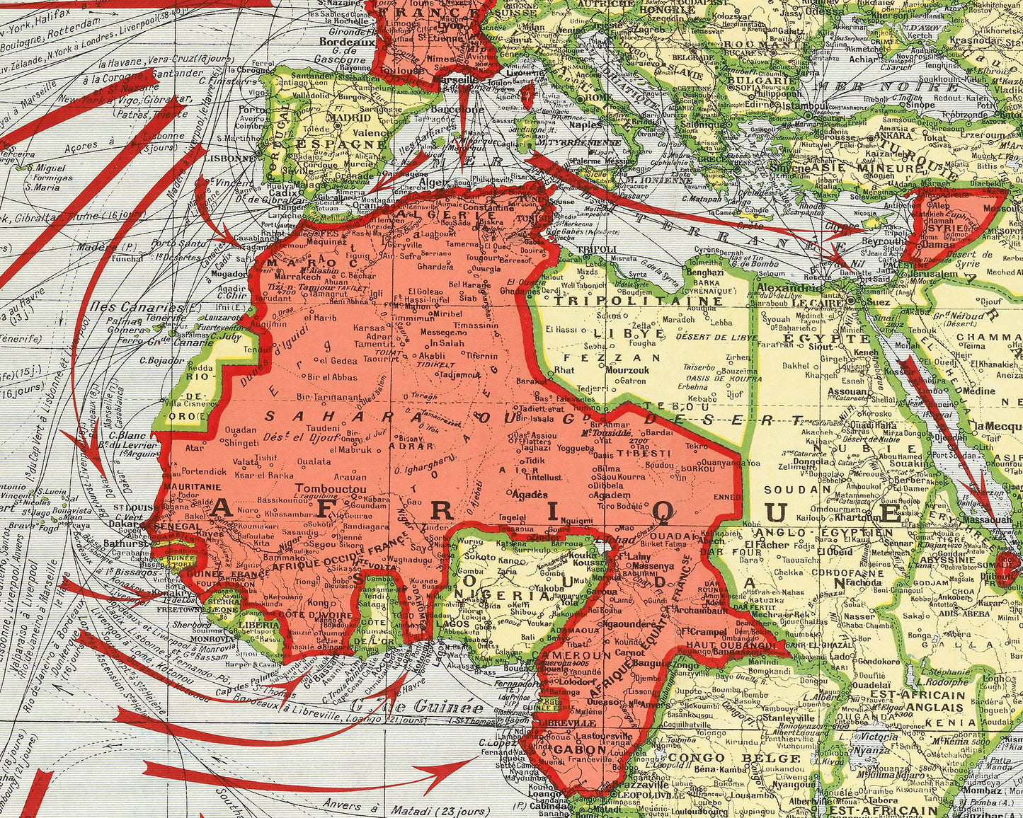 Old FRENCH Empire map 1938 - French Guiana, French Polynesia, Algeria
