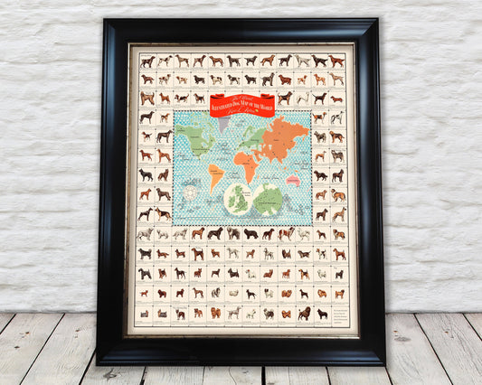 Charming Illustrated DOG MAP of the World - dog breeds, dog lover