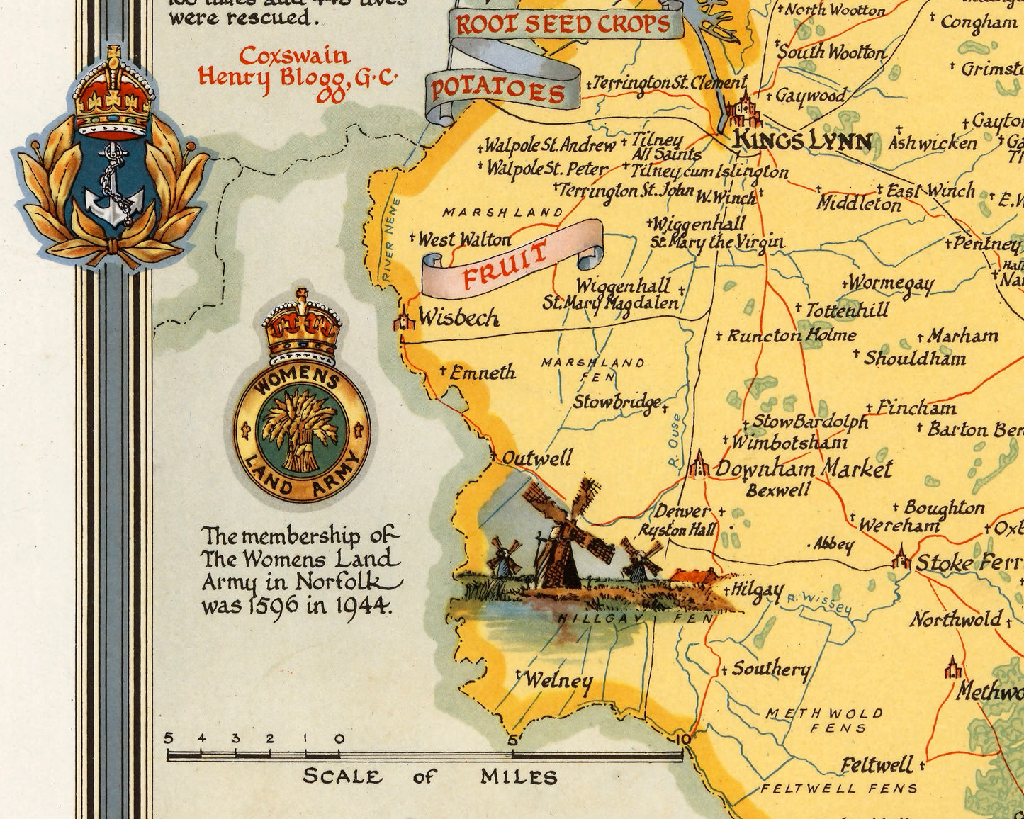 Vintage Norfolk Map by Ernest Clegg 1945 - Norwich, Kings Lynn, Yarmouth