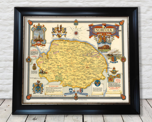 Vintage Norfolk Map by Ernest Clegg 1945 - Norwich, Kings Lynn, Yarmouth