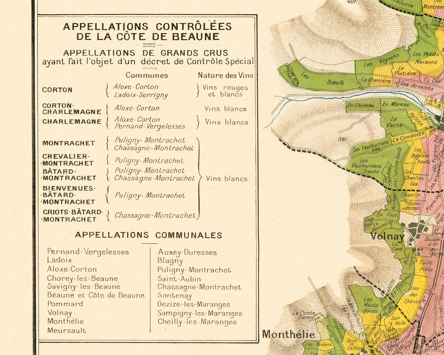 Les Vins de Bourgogne Map by Larmat 1942 - Côte de Beaune, Burgundy wine region