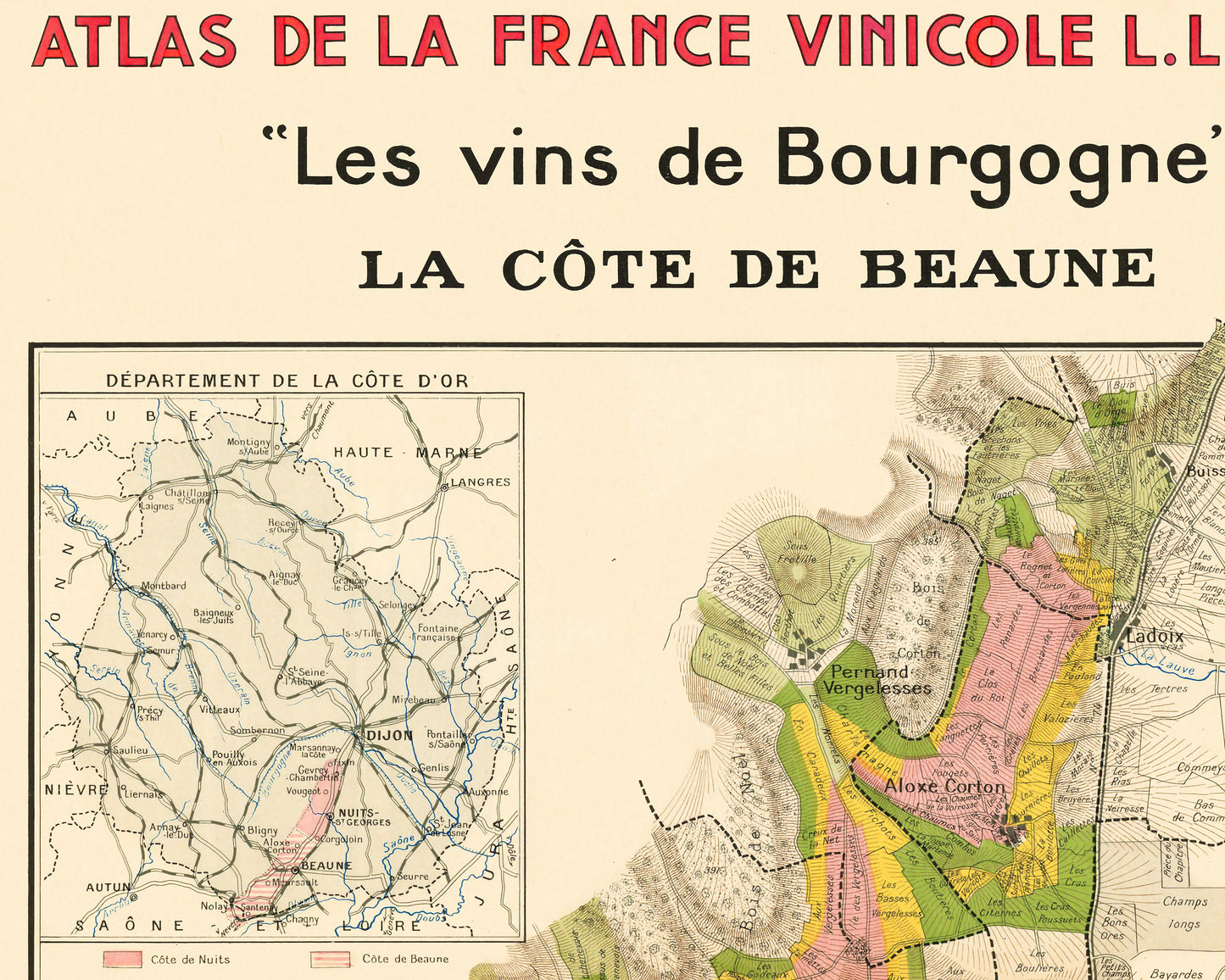 Les Vins de Bourgogne Map by Larmat 1942 - Côte de Beaune, Burgundy wine region