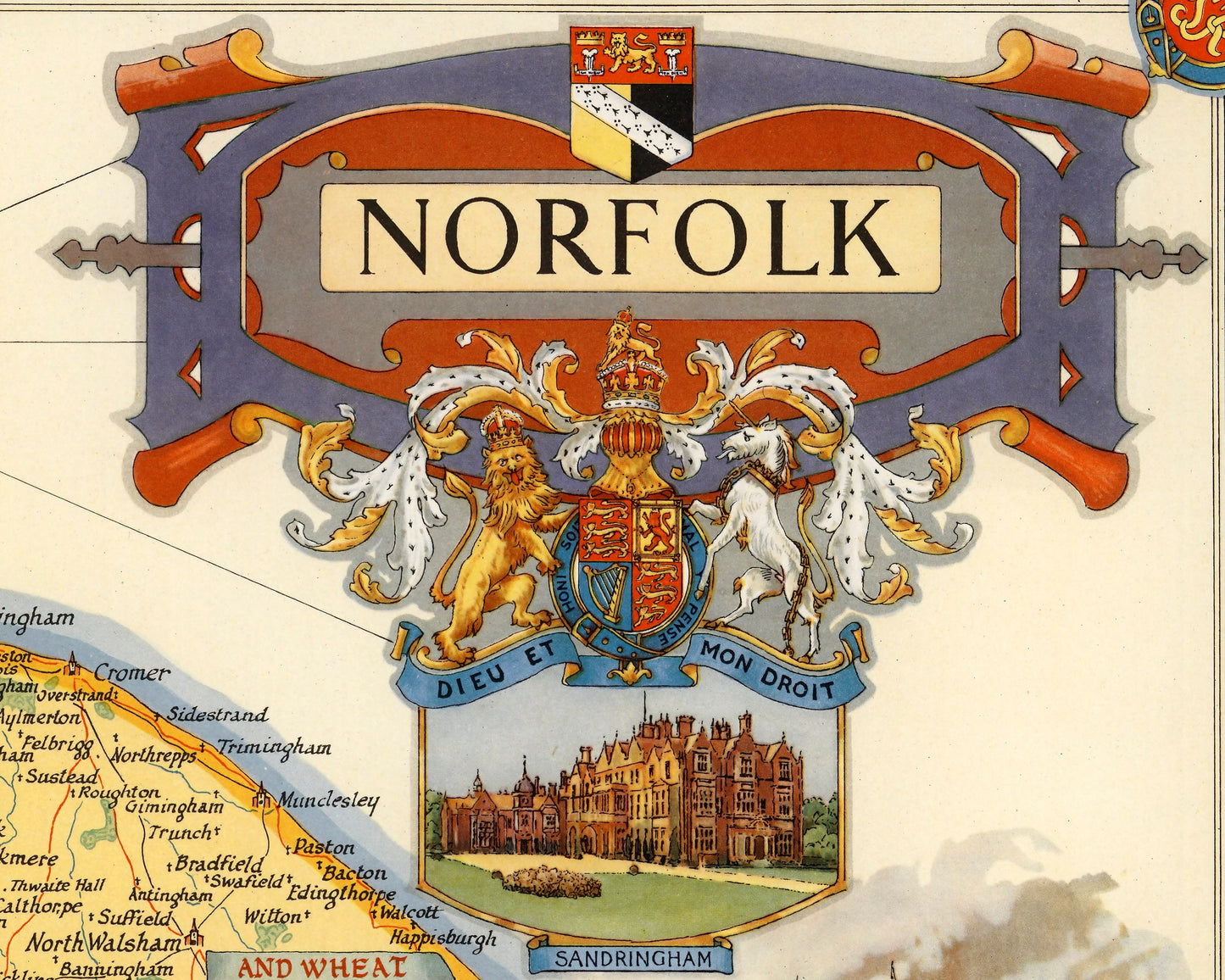 Vintage Norfolk Map by Ernest Clegg 1945 - Norwich, Kings Lynn, Yarmouth