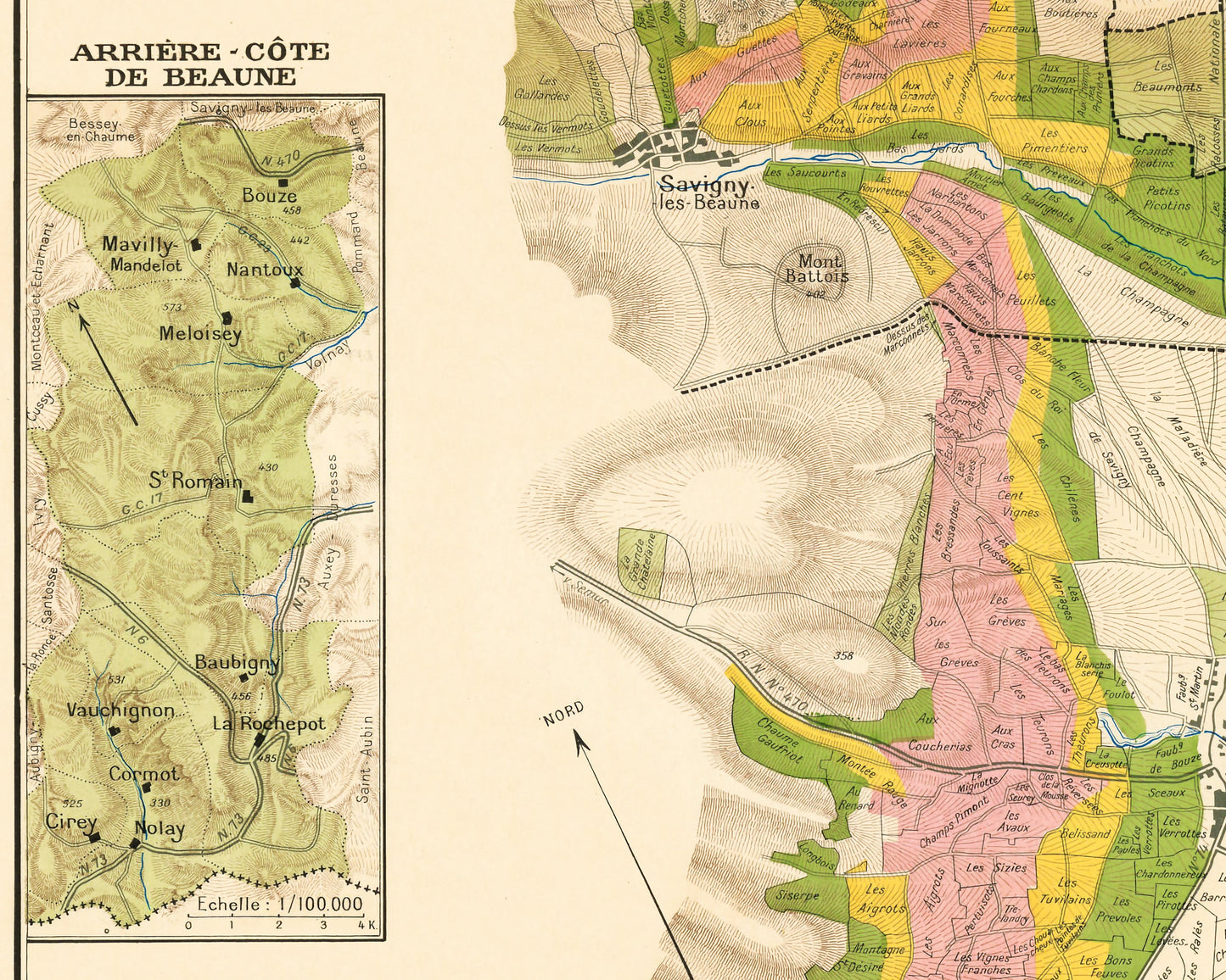 Les Vins de Bourgogne Map by Larmat 1942 - Côte de Beaune, Burgundy wine region