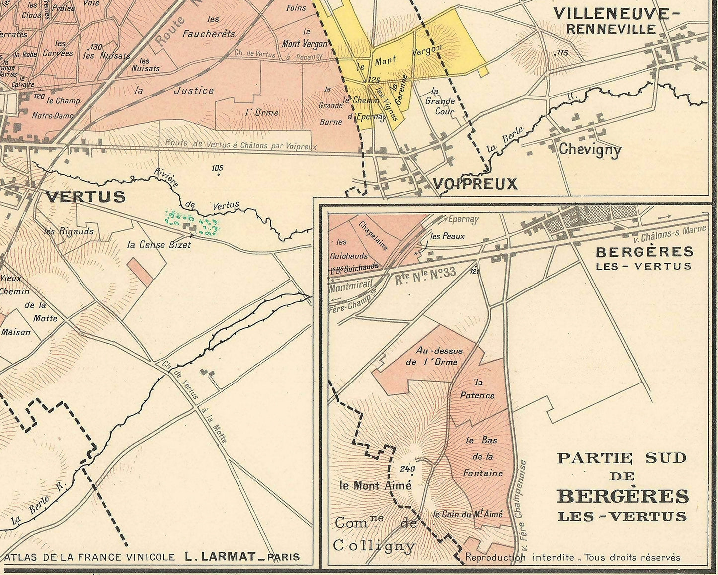 CHAMPAGNE MAP Les Vins de Champagne by Larmat 1944