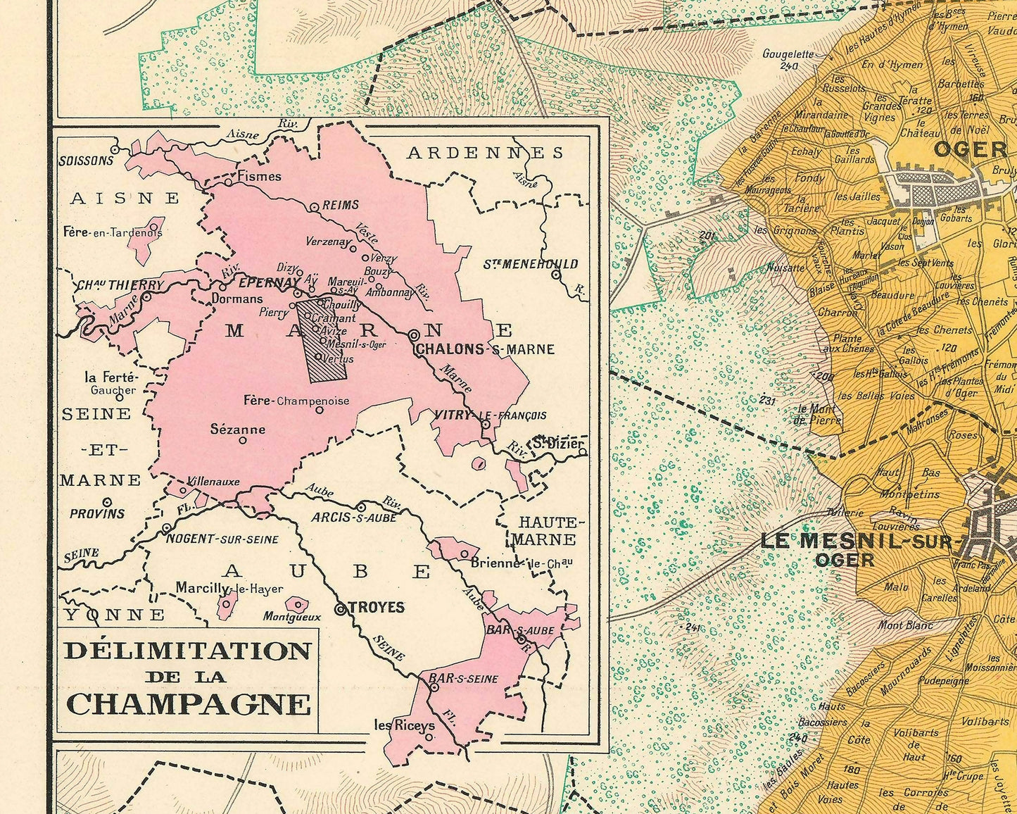 CHAMPAGNE MAP Les Vins de Champagne by Larmat 1944