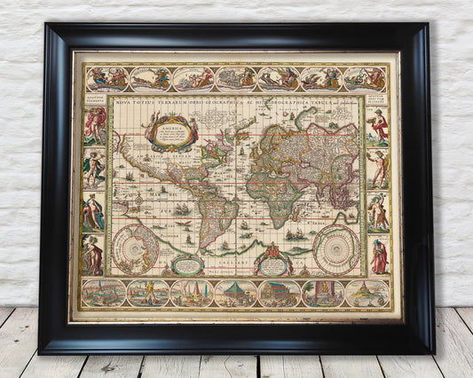 OLD WORLD Map 1635 by Willem Blaeu - World Wonders, Sea Monsters