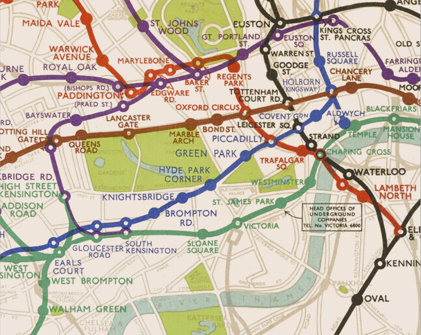 Superb LONDON UNDERGROUND Tube Reproduction Map 1932 by Stingemore