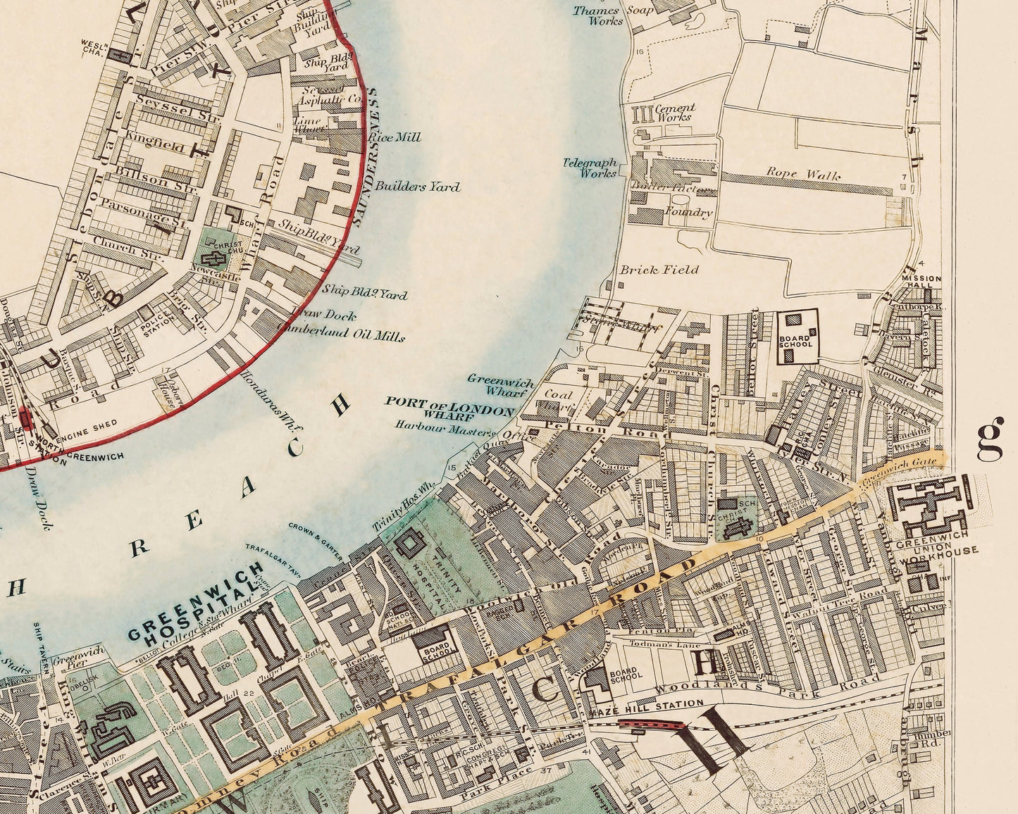 Old LONDON Colour map 1891 Greenwich, Deptford