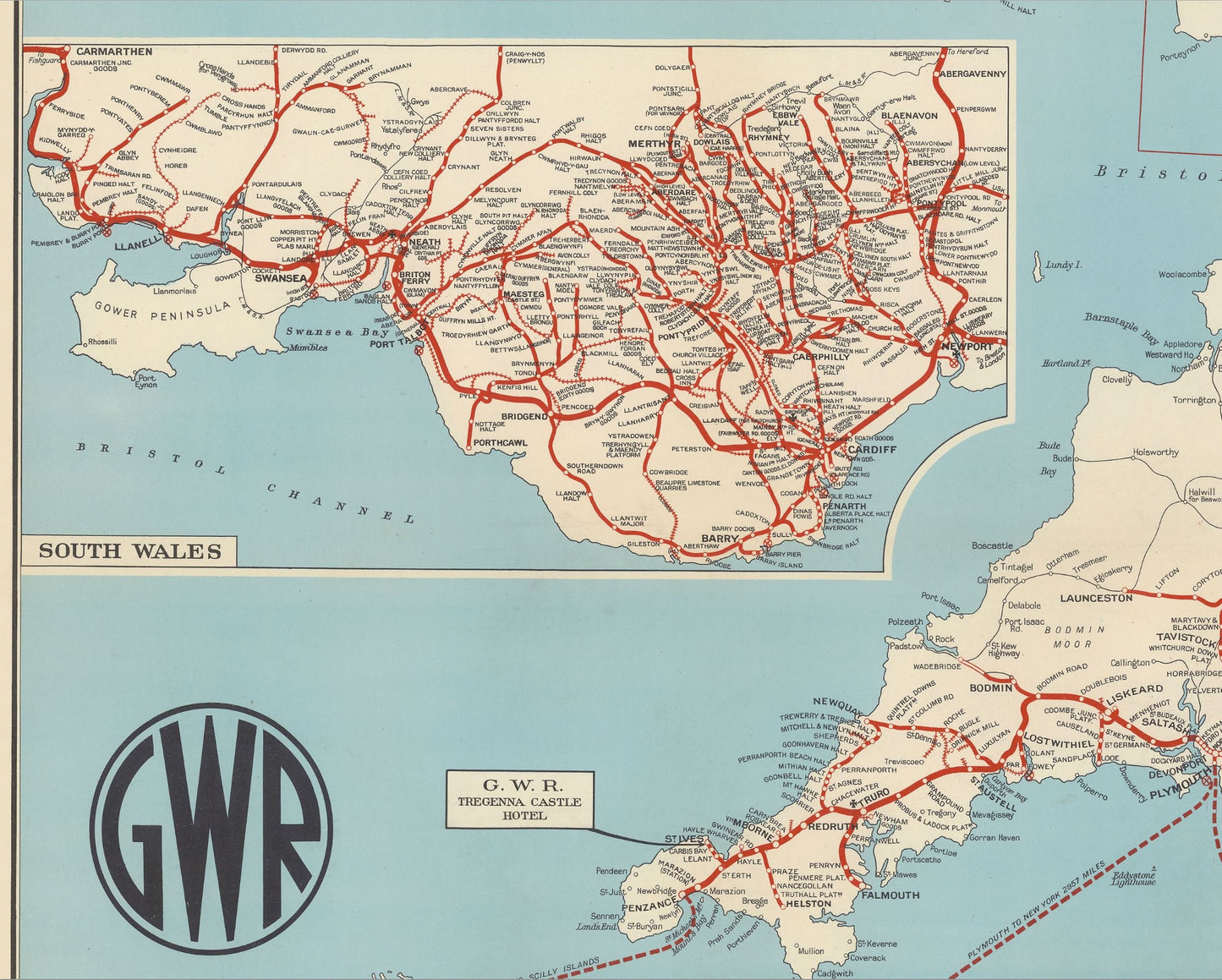 Superb Map of Old Great Western Railway 1950 West Country, South Wales