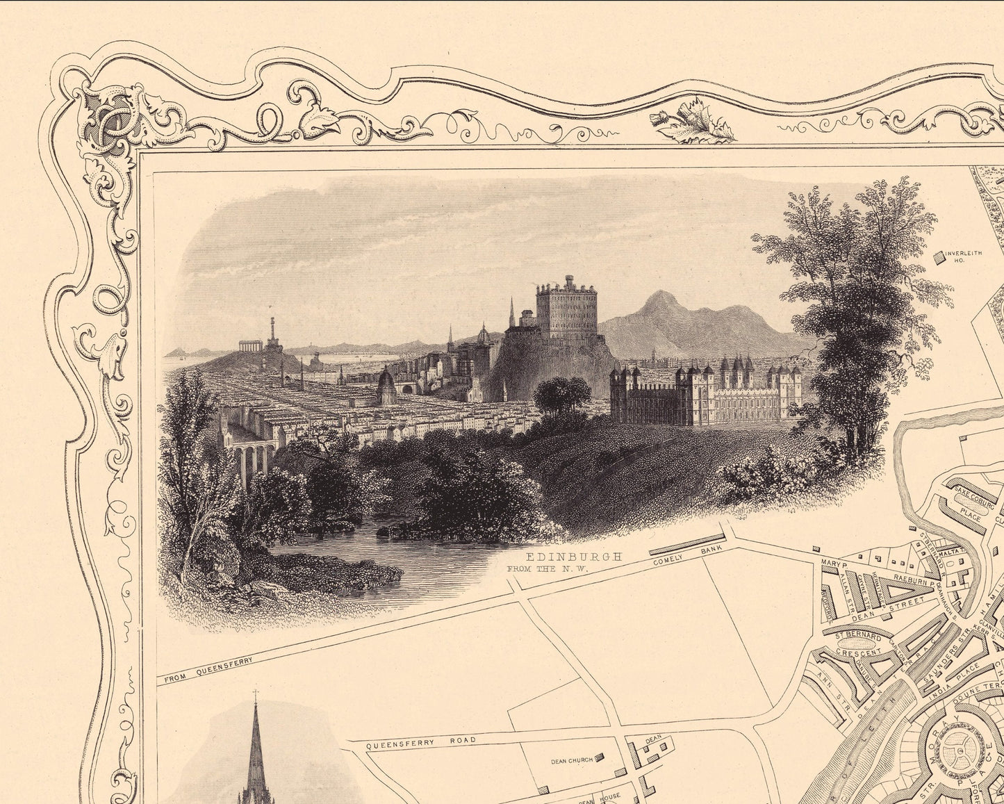 Vintage EDINBURGH map c.1851 by John Tallis - Edinburgh Castle