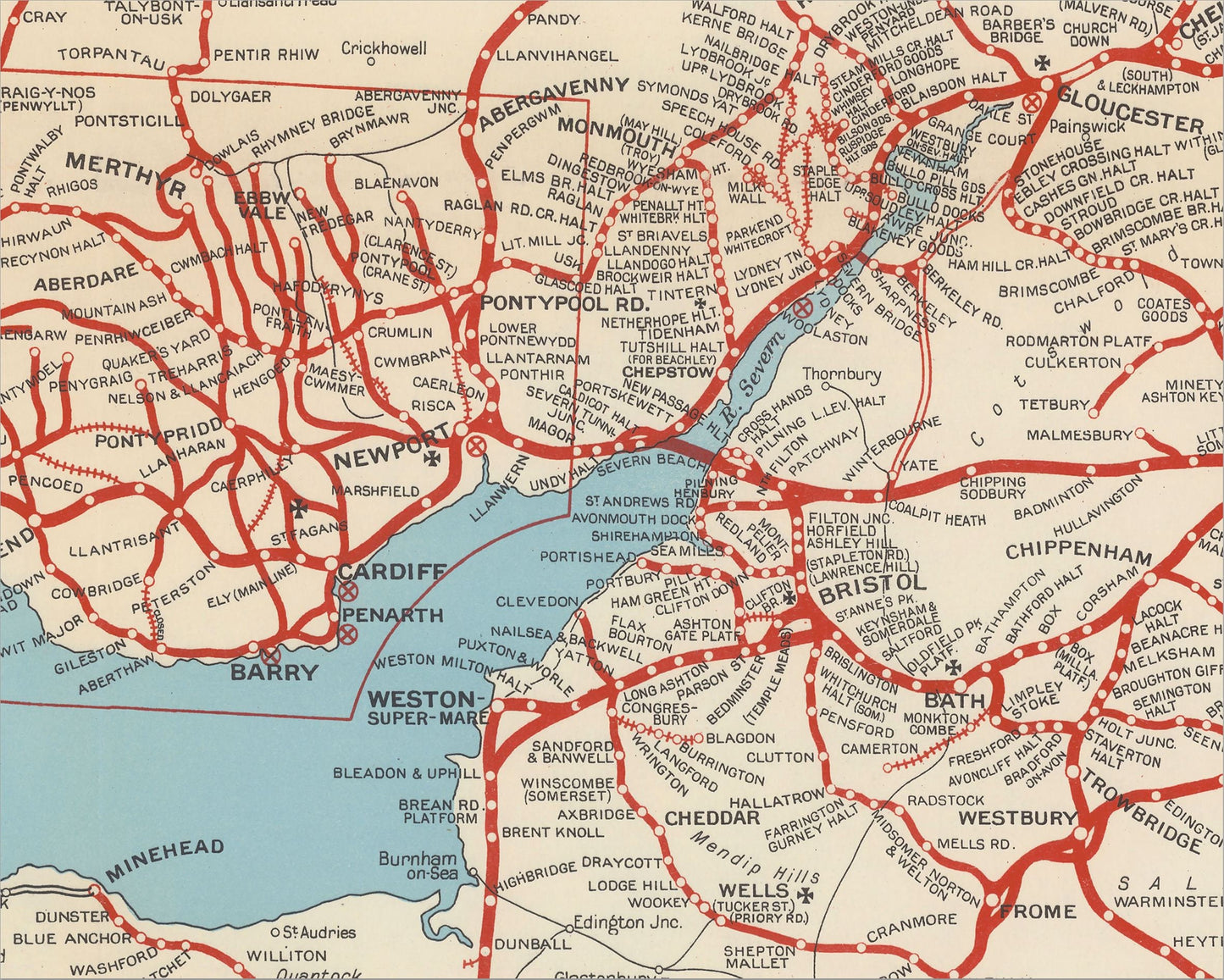 Superb Map of Old Great Western Railway 1950 West Country, South Wales