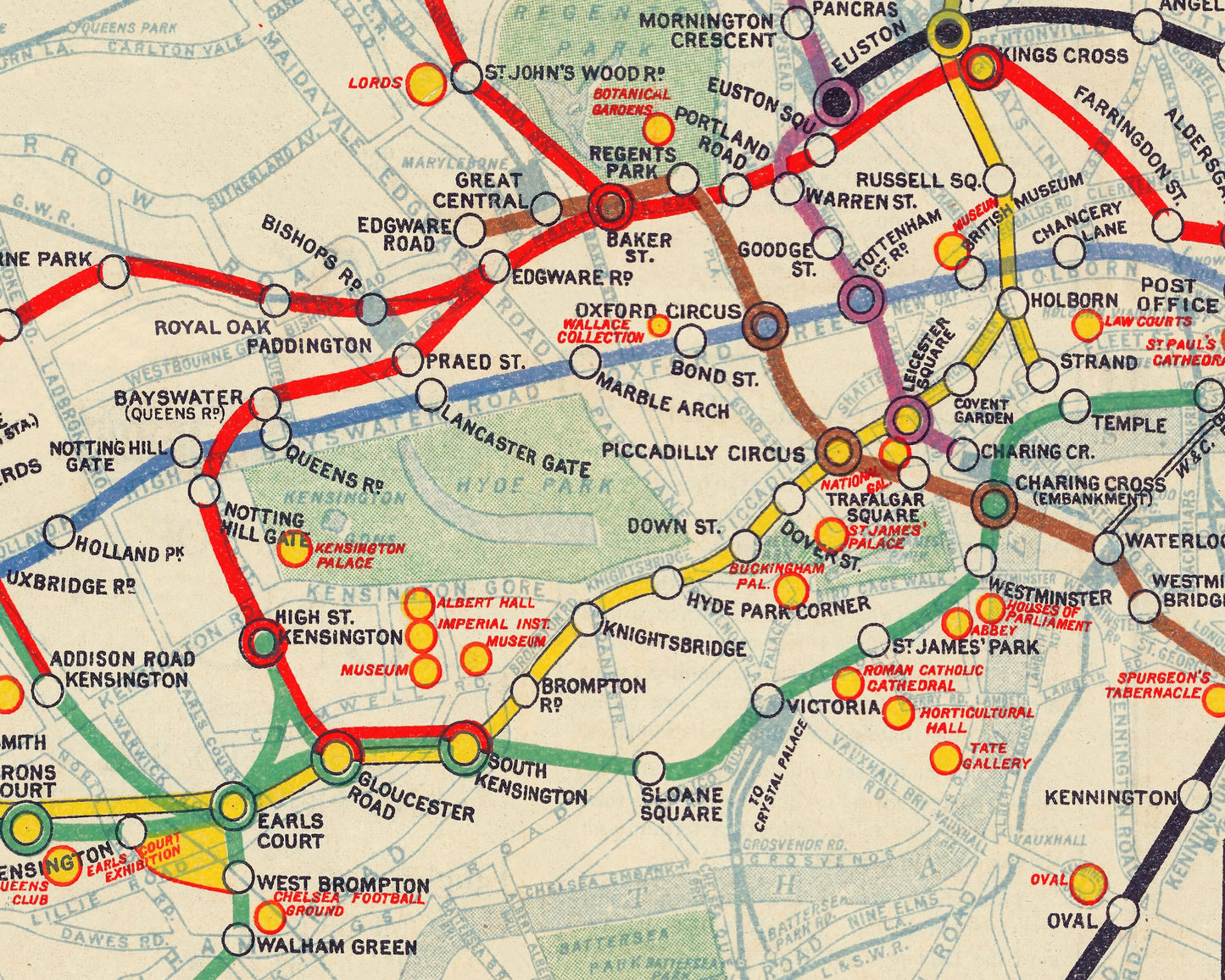 LONDON Underground Tube Railway Map 1912 Oxford Circus, Piccadilly