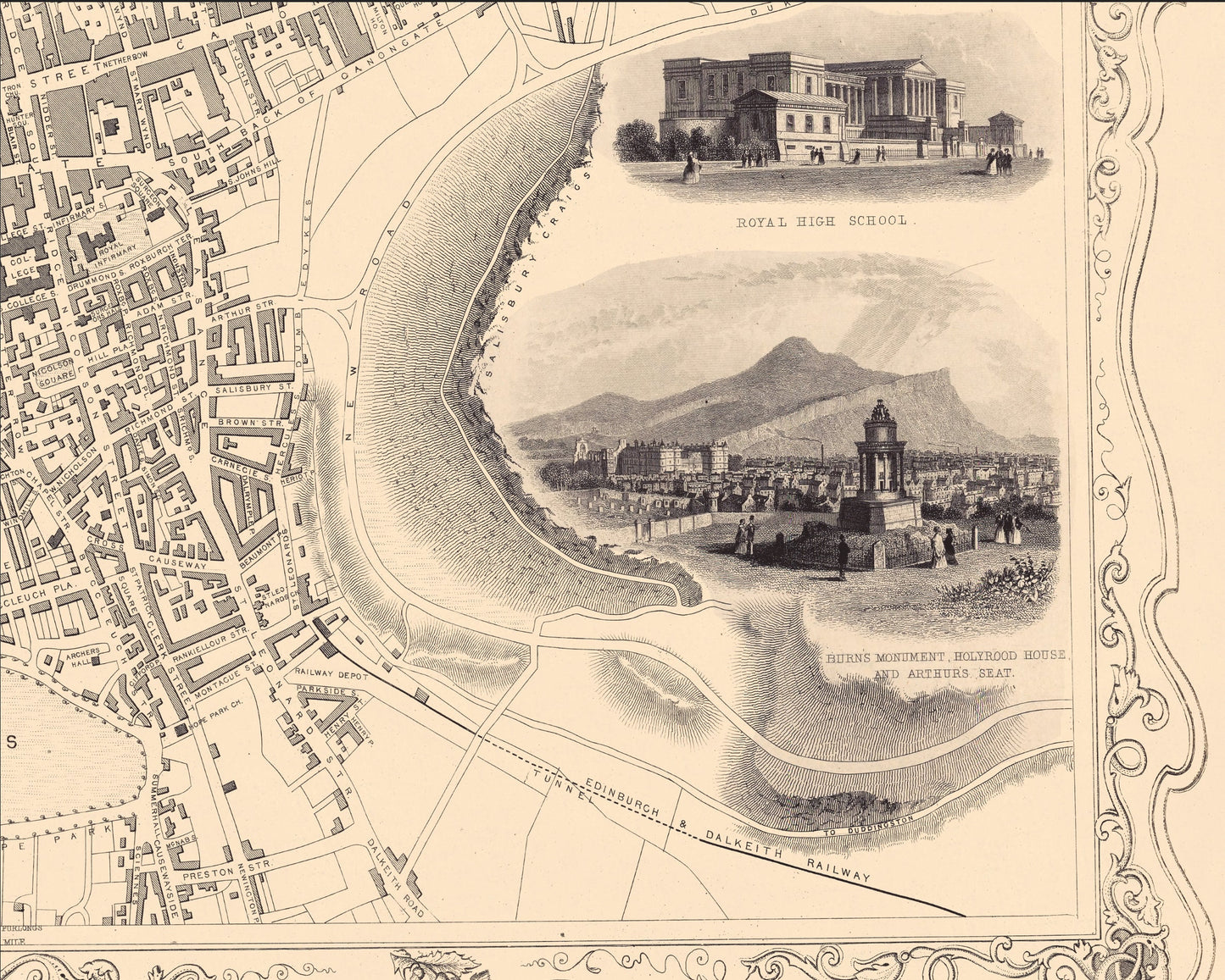 Vintage EDINBURGH map c.1851 by John Tallis - Edinburgh Castle