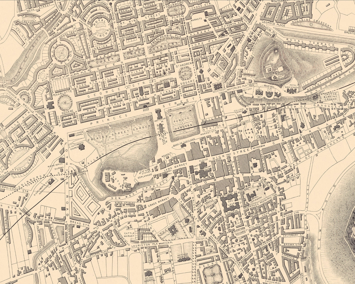 Vintage EDINBURGH map c.1851 by John Tallis - Edinburgh Castle