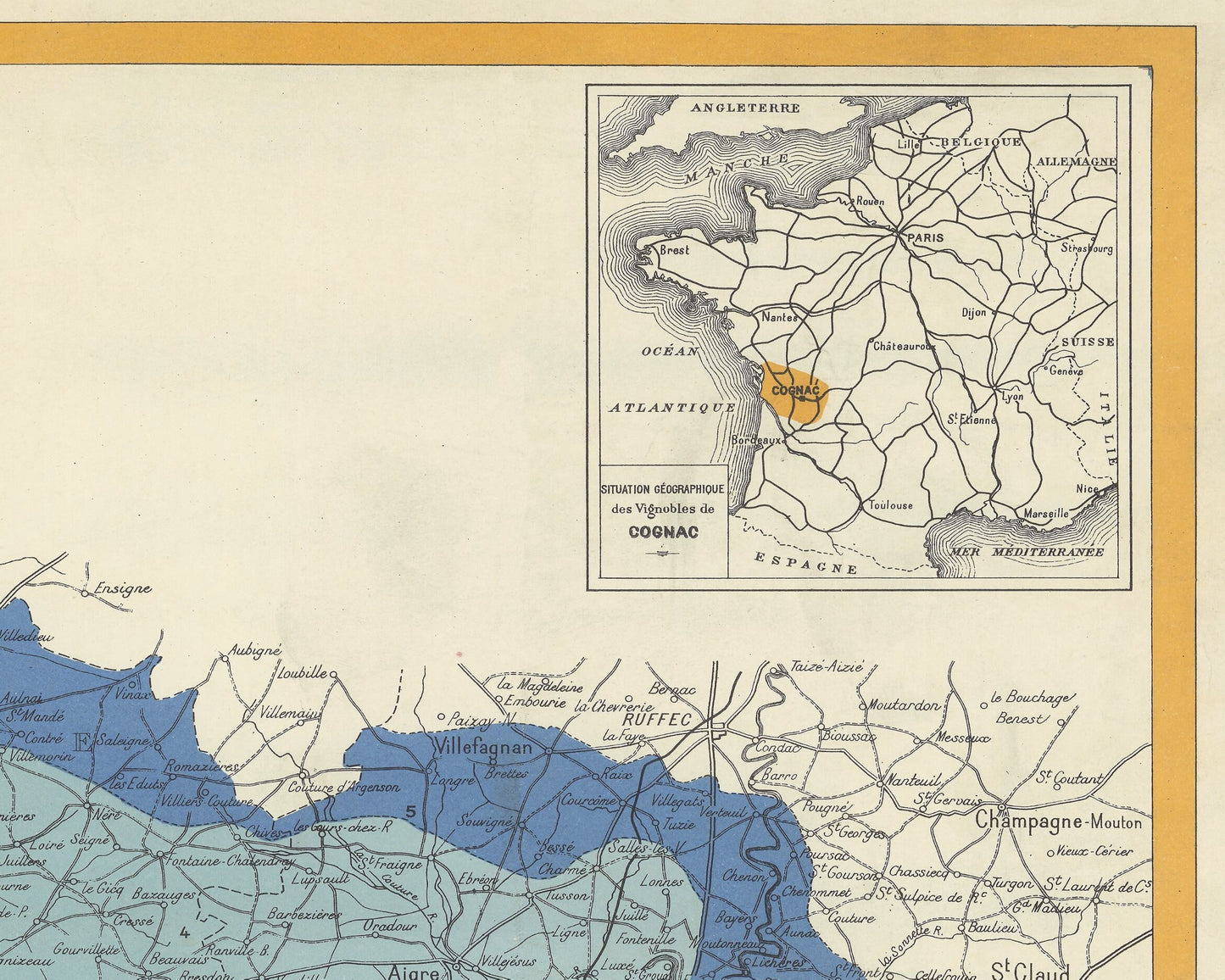Vintage COGNAC wine region Map, Cognac France map 1938