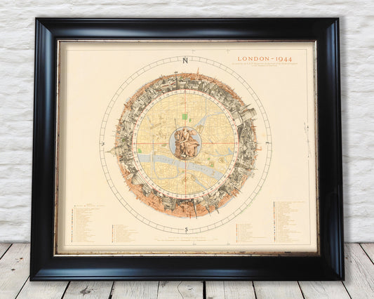 Vintage LONDON Map World War 2 Birds Eye View - Rooftop View 1944