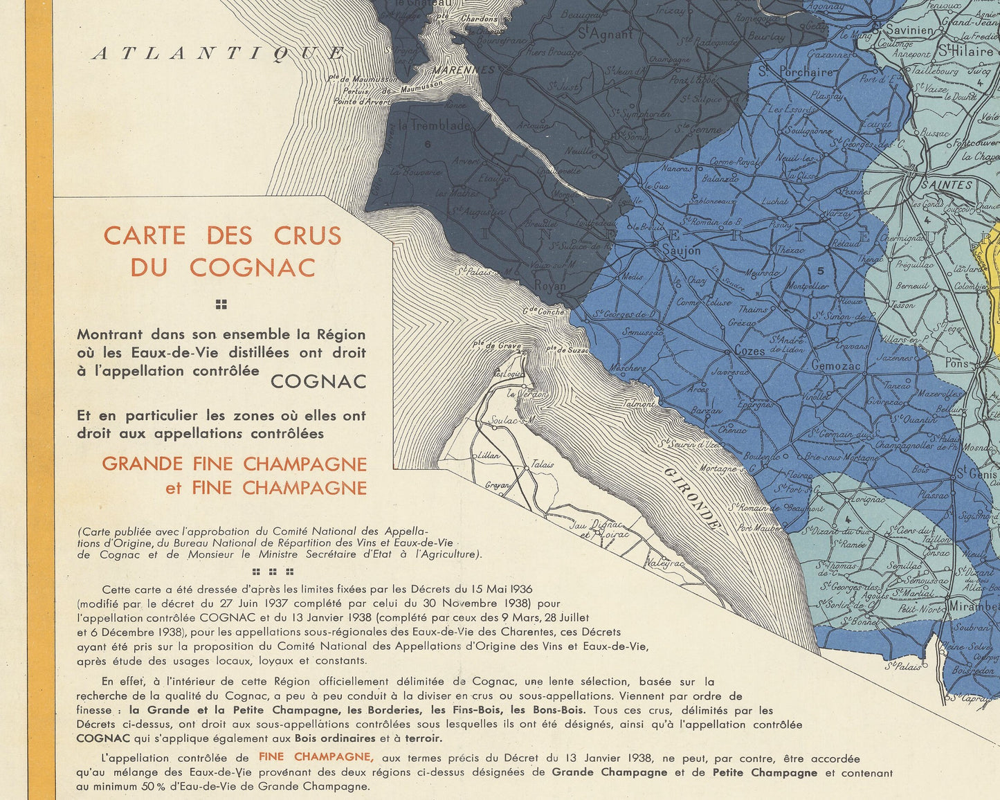Vintage COGNAC wine region Map, Cognac France map 1938