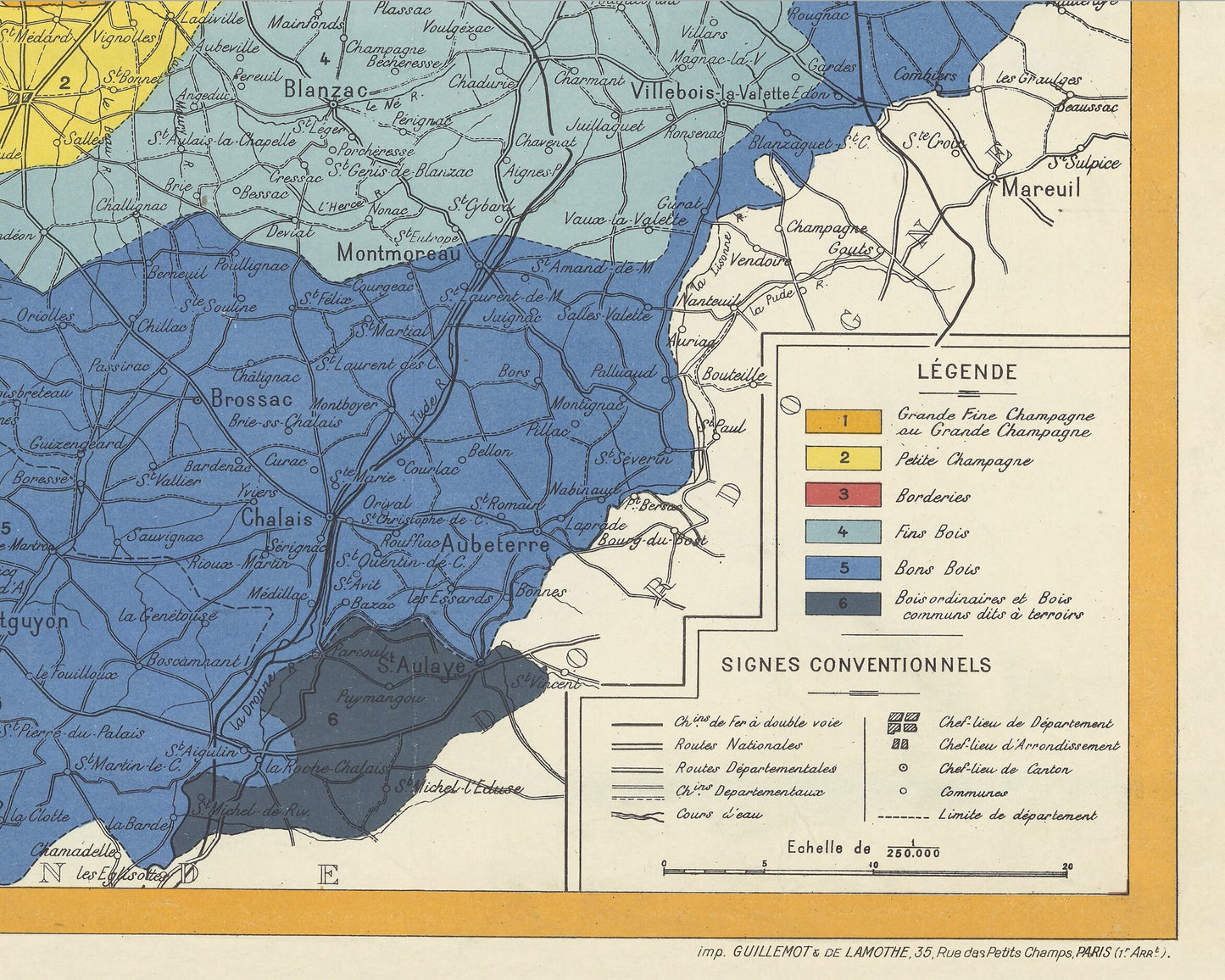 Vintage COGNAC wine region Map, Cognac France map 1938