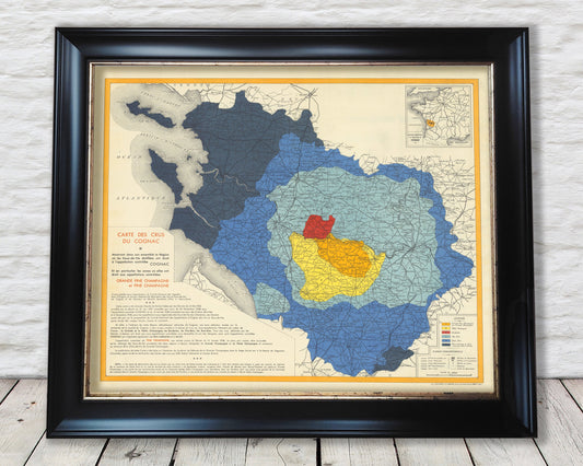 Vintage COGNAC wine region Map, Cognac France map 1938