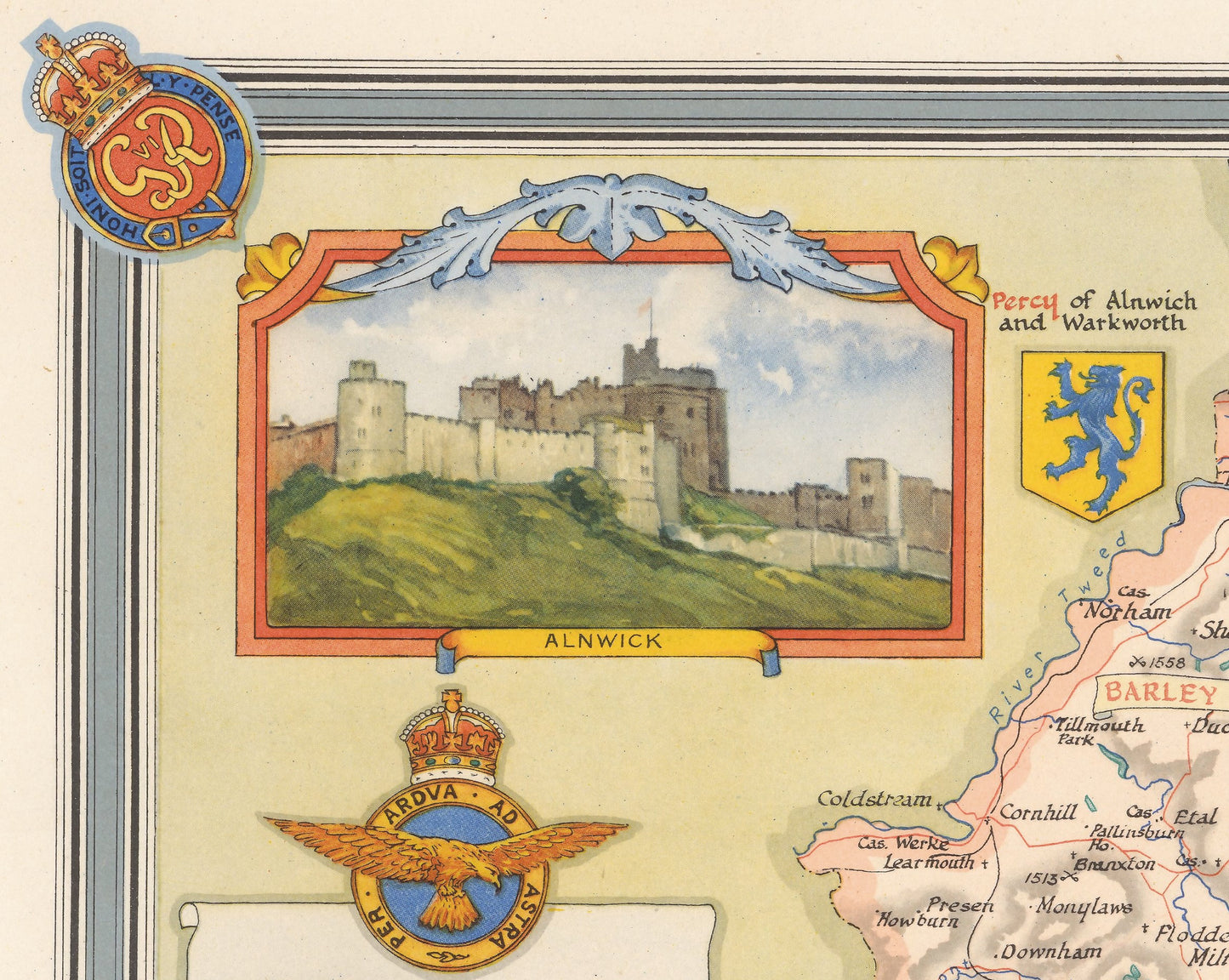 Vintage NORTHUMBERLAND Map, 1946, Ernest Clegg, Morpeth Hexham