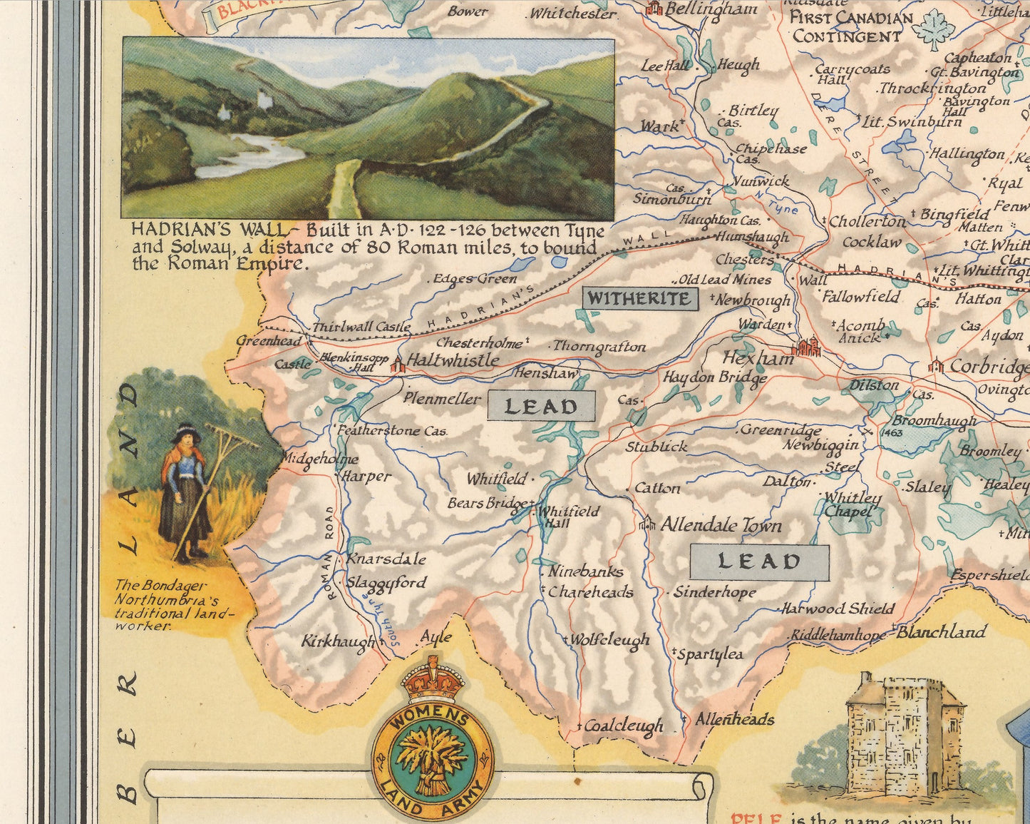 Vintage NORTHUMBERLAND Map, 1946, Ernest Clegg, Morpeth Hexham