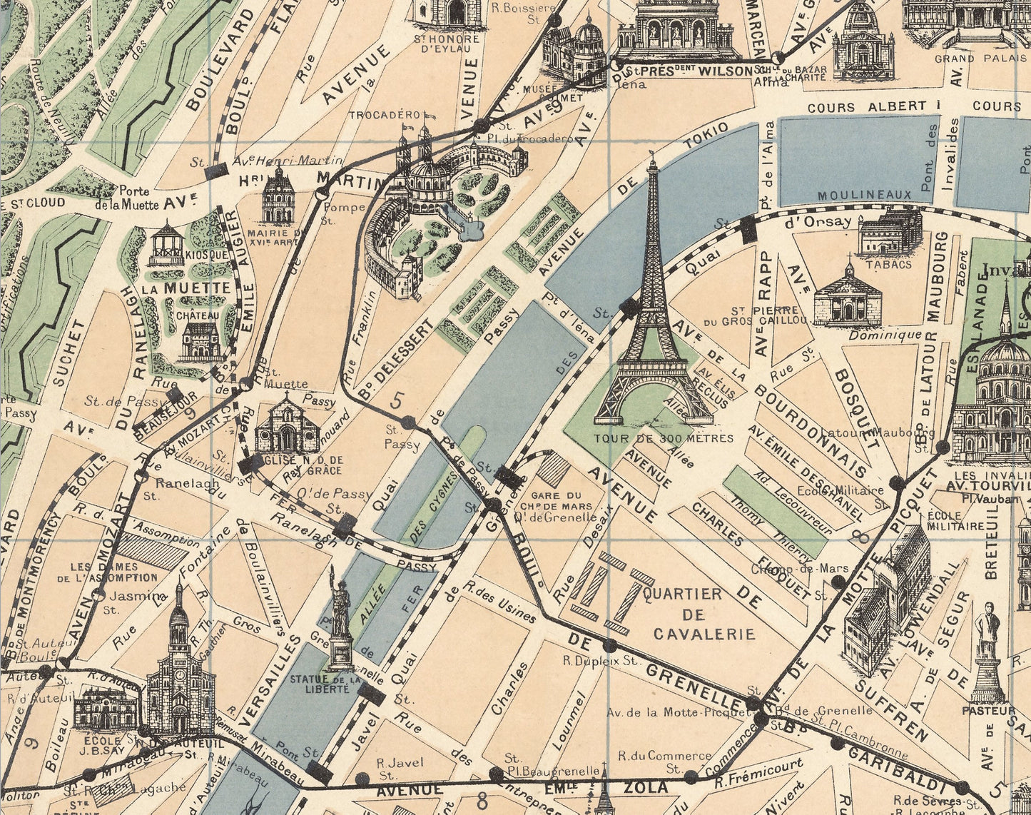 Vintage PARIS Monuments map 1924 Borremans - Eiffel Tower, Notre Dame