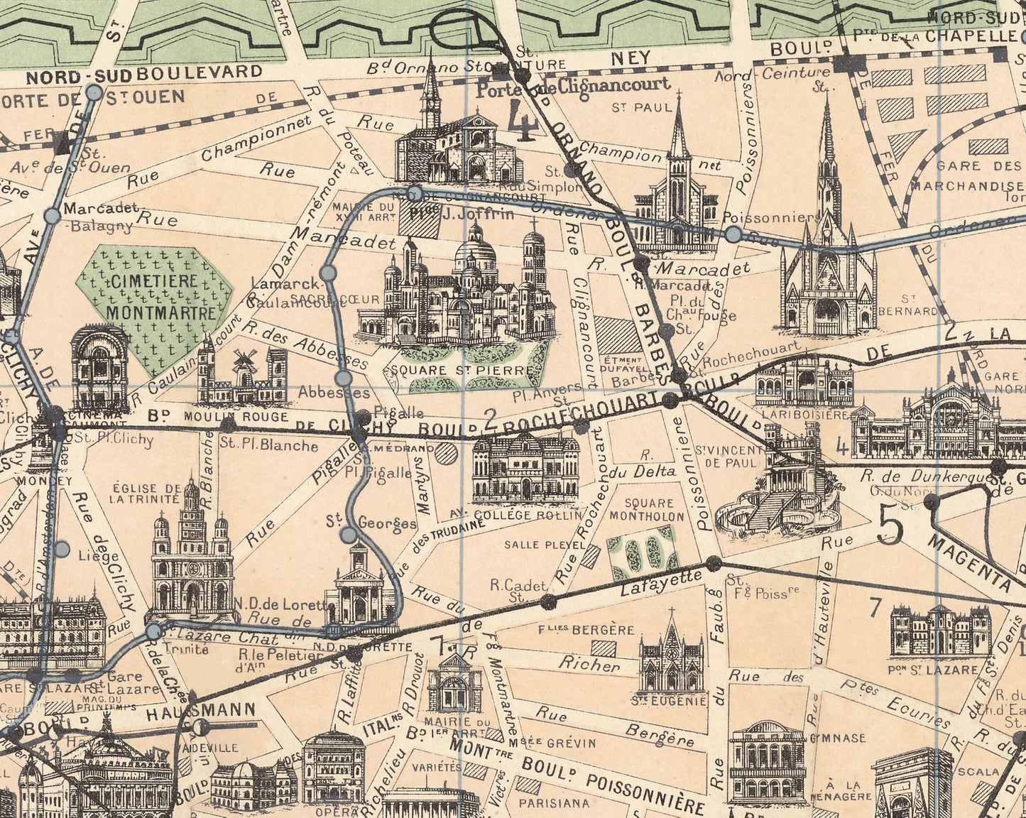 Vintage PARIS Monuments map 1924 Borremans - Eiffel Tower, Notre Dame