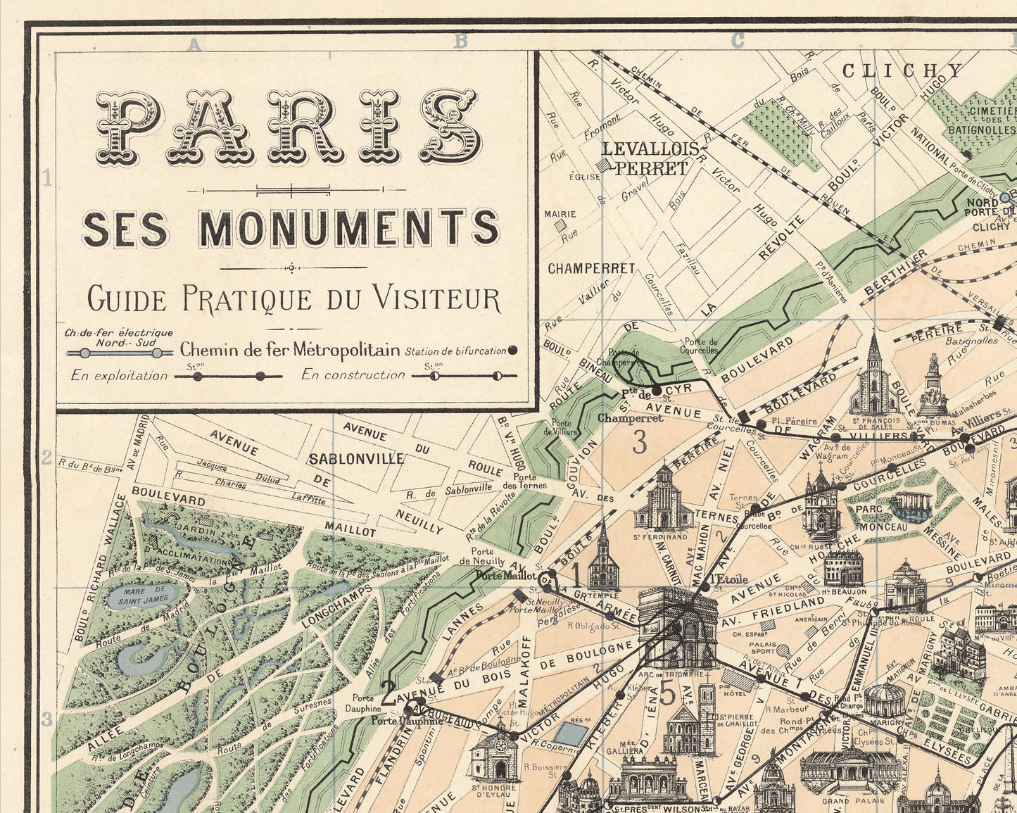 Vintage PARIS Monuments map 1924 Borremans - Eiffel Tower, Notre Dame