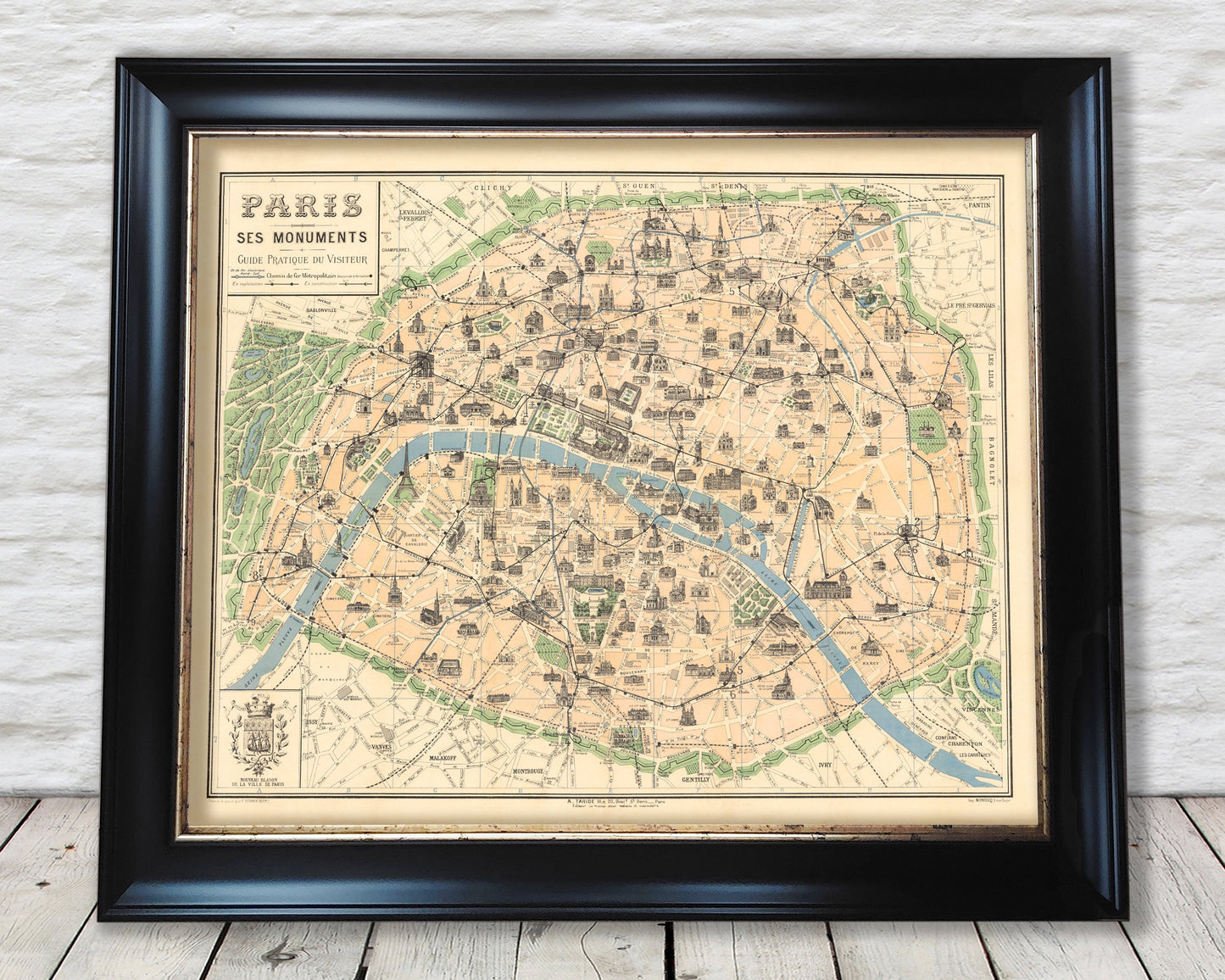 Vintage PARIS Monuments map 1924 Borremans - Eiffel Tower, Notre Dame