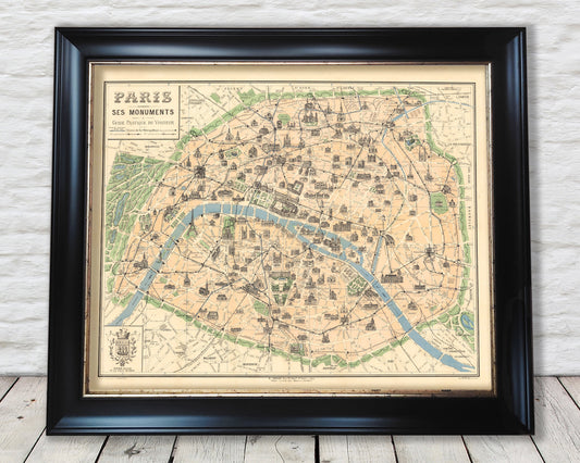 Vintage PARIS Monuments map 1924 Borremans - Eiffel Tower, Notre Dame
