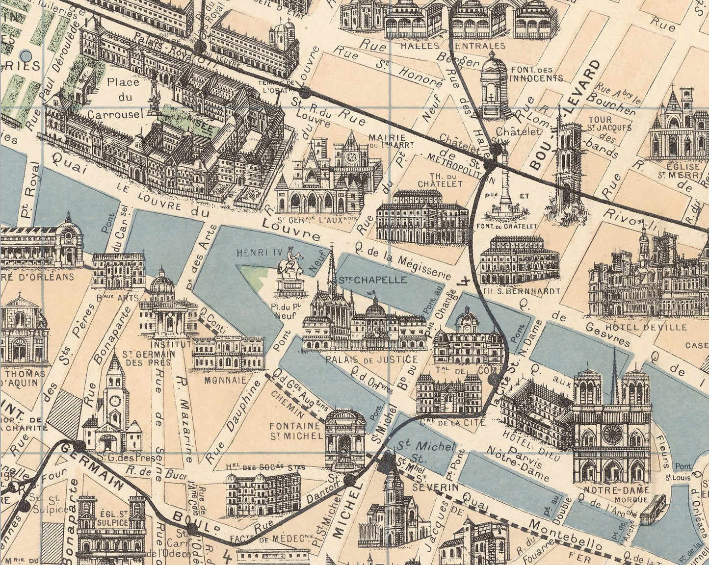 Vintage PARIS Monuments map 1924 Borremans - Eiffel Tower, Notre Dame