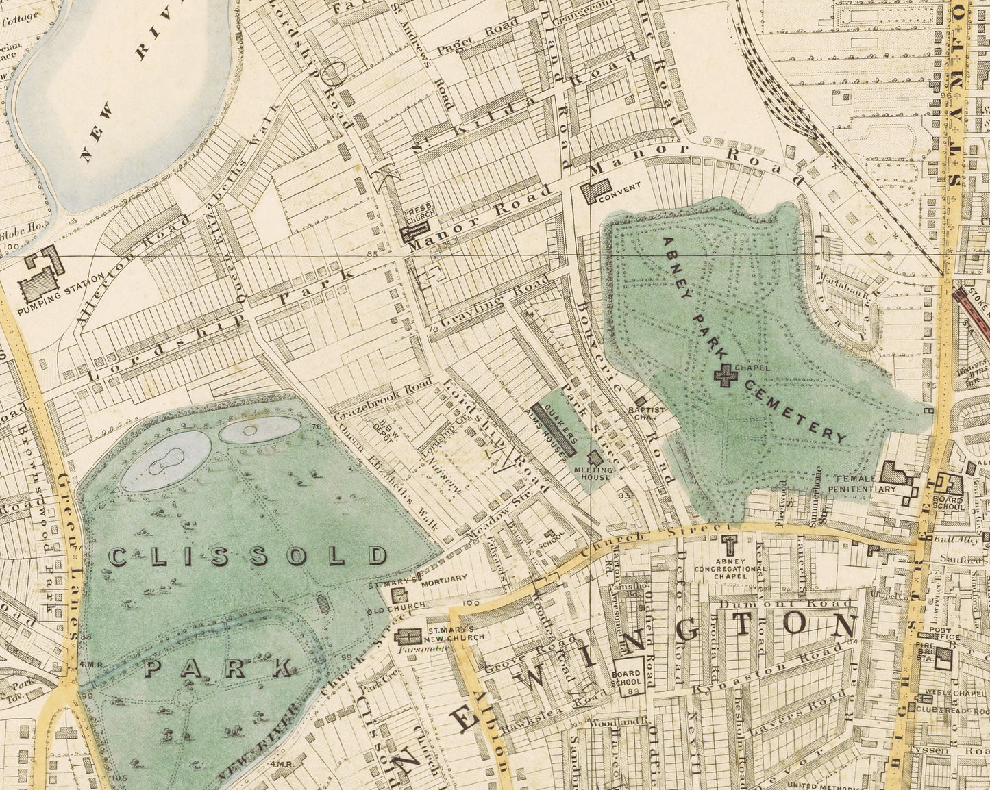 Old LONDON Colour map 1891 Highbury, Finsbury Park